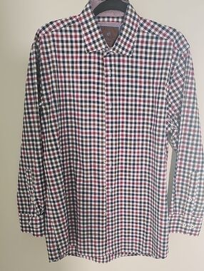 Tattersall London Check‎ Button Down Mens Size 16.5 32/33 Red Navy Cotton Shirt